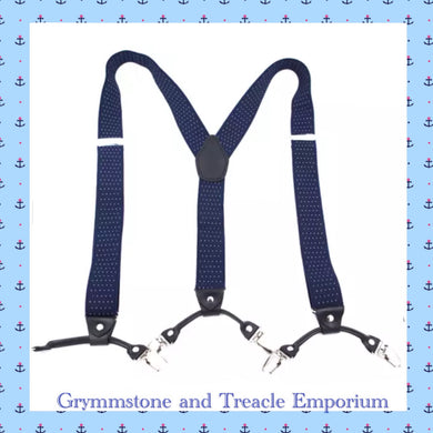 Suspenders - Vintage Style - 6 Clip - Navy with White Dot
