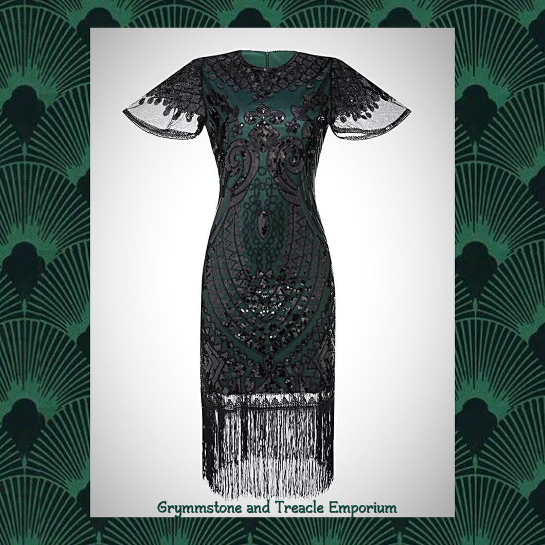 Great Gatsby Beaded Flapper Dress with Butterfly Sleeves and Fringing in Licorice Green and Black Sequins and Beading