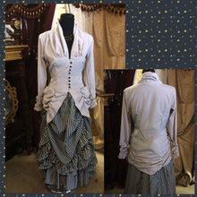 Bellagio Poet's Blouse in Cloud Grey worn over a Willow Striped Adjustable Bustle Skirt in Charcoal and White 