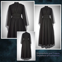 Circe Invocation Maxi Dress in Black Tulle and Satin with Plunging Neckline, Flared Sleeves, Ruched Waist and Full Length Skirts