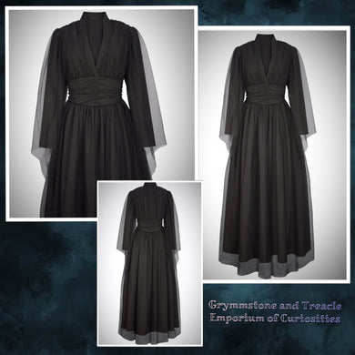 Circe Invocation Maxi Dress in Black Tulle and Satin with Plunging Neckline, Flared Sleeves, Ruched Waist and Full Length Skirts