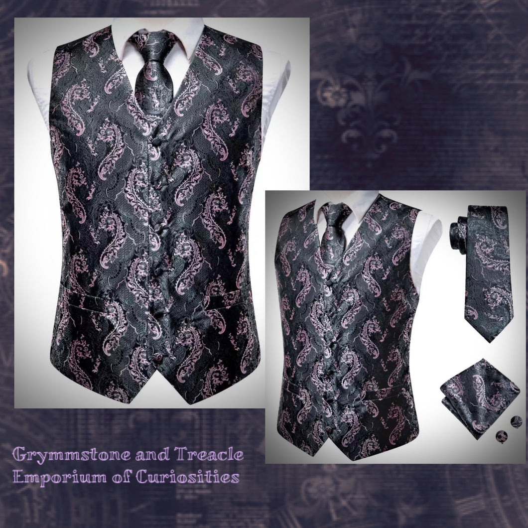 Silk Brocade Waistcoat Set - Medium - Chest 109cm (with Tie, Cufflinks, Pocket Square and Tie Pin