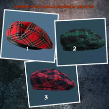 Artist's Berets - Top left - Red Tartan with PU Leather Band; Top Right - 6 panel dark green and black Plaid beret, and bottom photo of Darkest Red and Navy 6 panel plaid beret