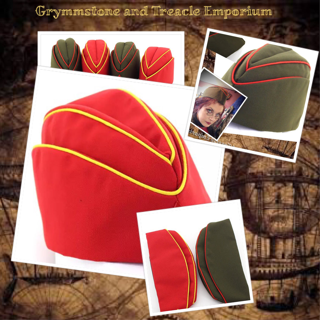 Garrison Caps in Red with Yellow Piping and Khaki with Red Piping for Steampunk, Vintage and Cosplay