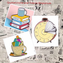 Book Themed Pins - Reading Time Clock, Cup of Vitamin Alphabet, and Drink, Read, Love Books and Mug