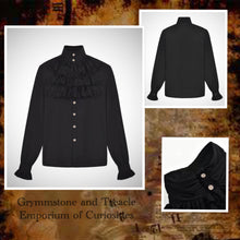 Dante Victorian Gothic Black Shirt with High Collar and Ruffled Lace Trimmed Jabot and Cuffs 