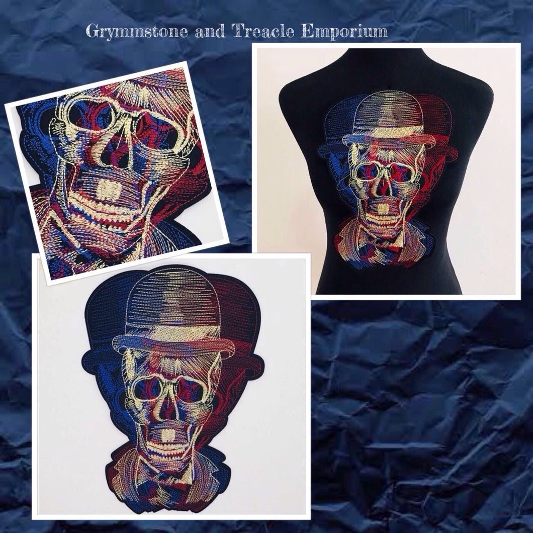 Dapper skull with bowler hat iron-on embroidery 
