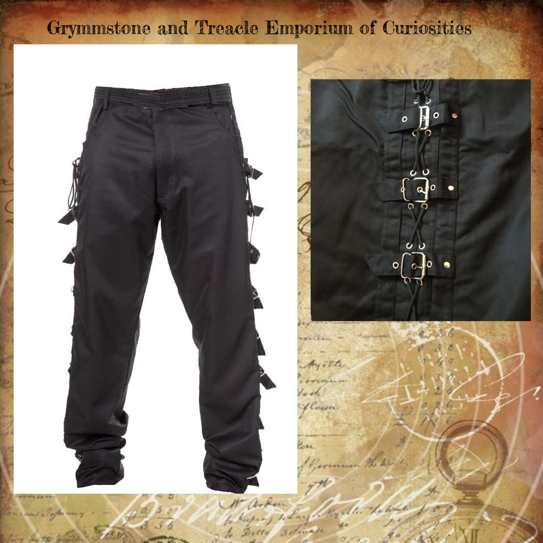 Metallurgy Buckle Strap and Eyelet Lacing Punk Trousers in Black Drill Cotton 