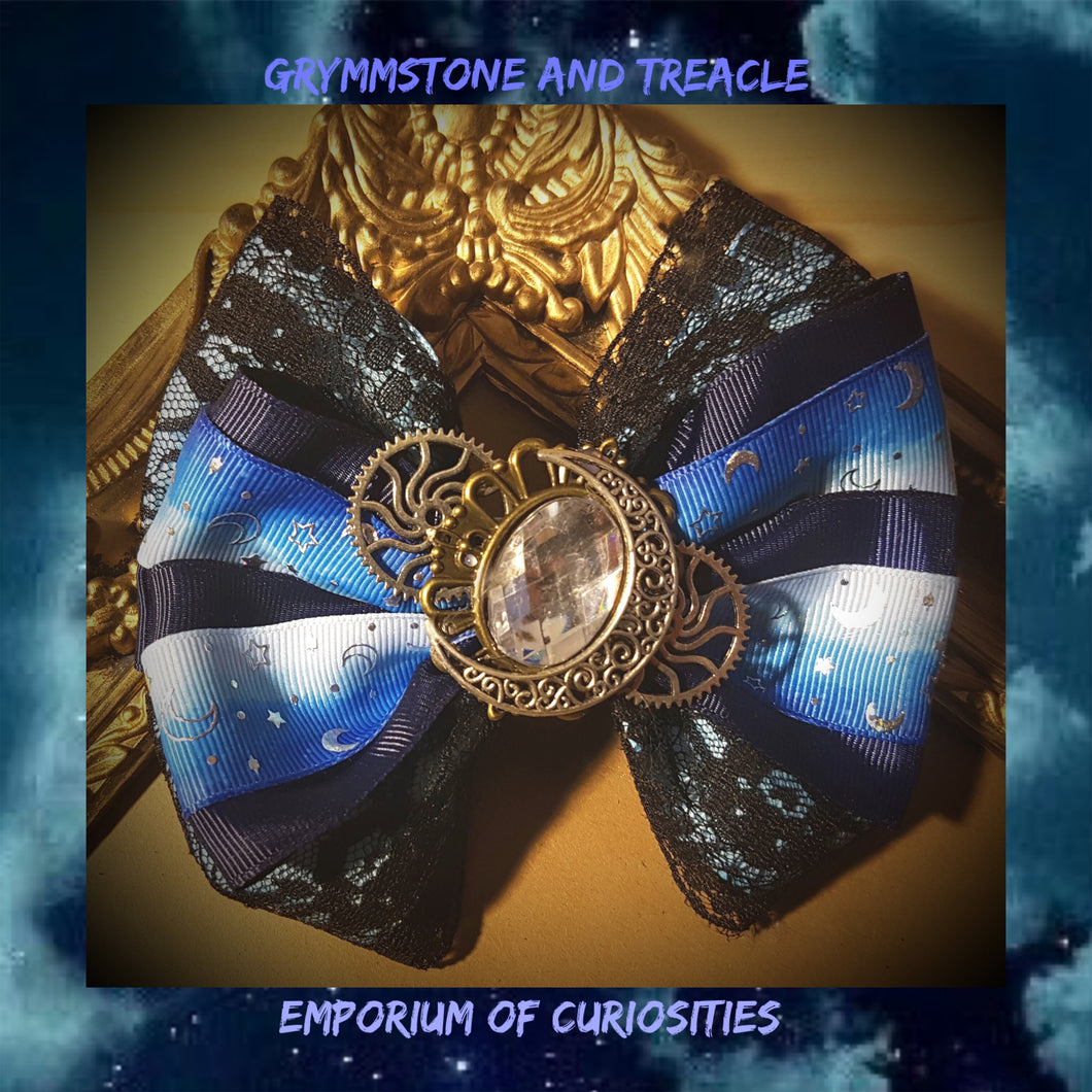 Steampunk Hair Bow - Ombre Blue Ribbon with Printed Silver Stars and Silver Filgree Moon 