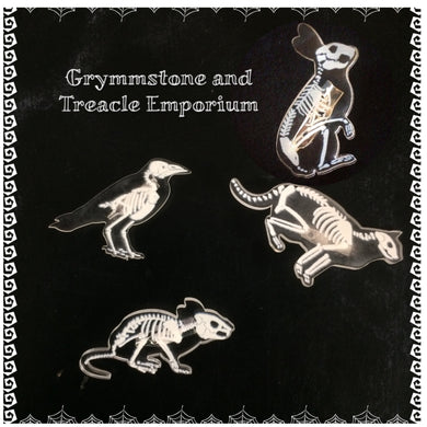 Adorable brooches laser cut from clear acrylic, each with the skeleton of either a rabbit, rat, crow or cat.
