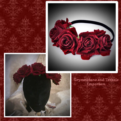 Gothic Dreams Velvet Roses Headband in Burgundy 