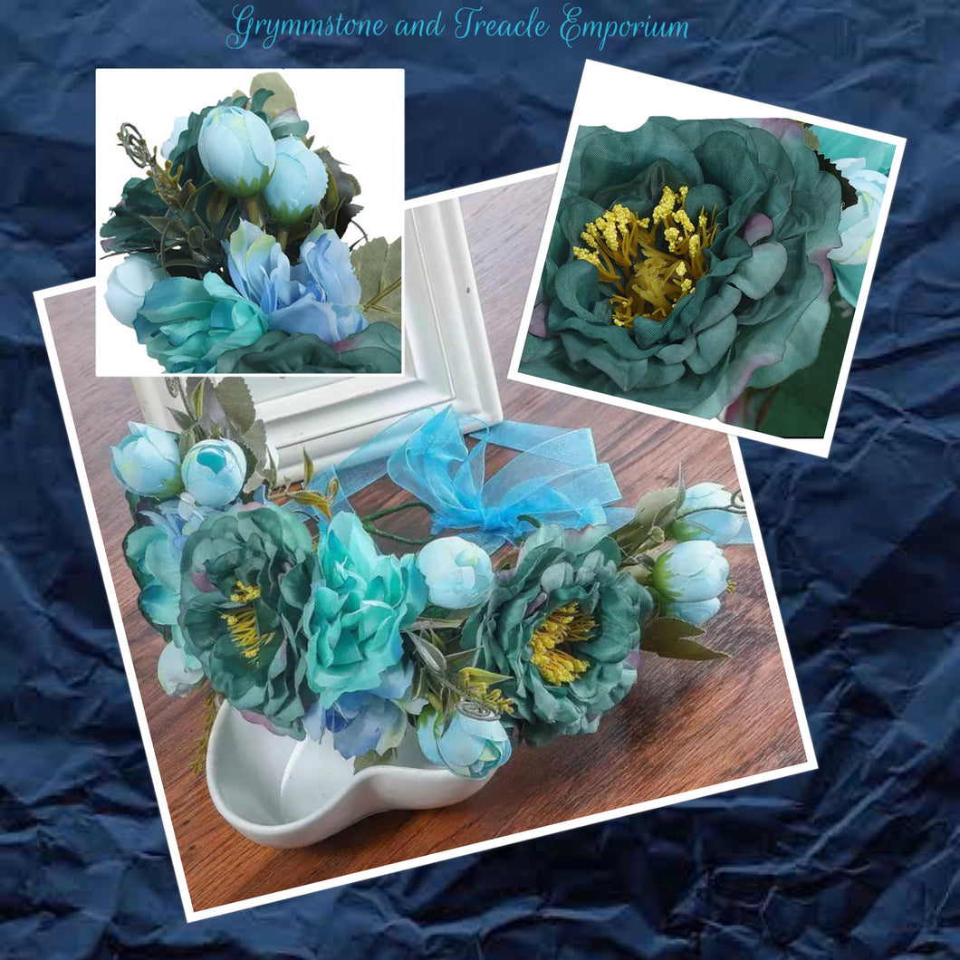 Silk Flower headpiece in teal, green and blue