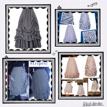 Striped and ruffled bustle skirts