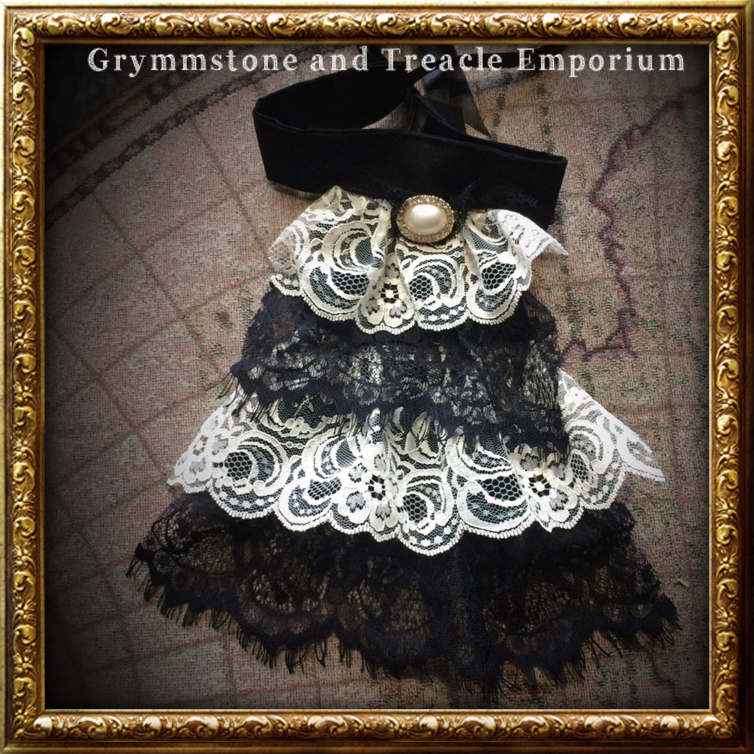 Steampunk and gothic handmade ivory and black lace jabot 